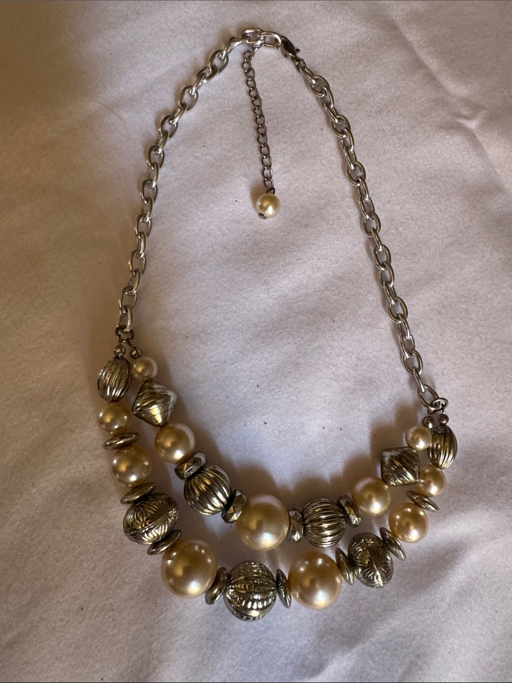 Pearl and Silver-Tone Beaded Statement Necklace - Cream and Silver